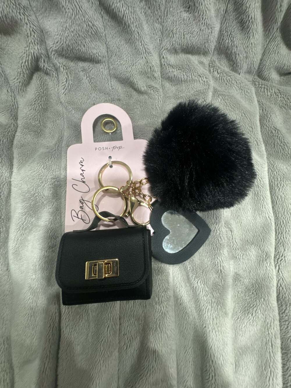 Posh+Pop Decorative Keychain Mini Bag Charm with Pom Pom and Heart Mirror